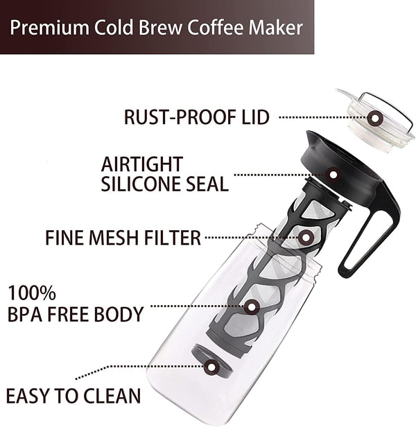 MKTMBT Cold Brew Coffee Maker with Cleaning Brush, Iced Coffee Maker Tea Brewer Leak-Proof with Removable Mesh Filter for Iced Coffee Cold Brew Tea, 2QT(68 oz/2000ml)