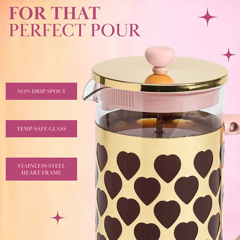 Paris Hilton French Press Coffee Maker With Heart Shaped Measuring Scoop, 2-Piece Set, 8-Cup or 34-Ounce, Pink