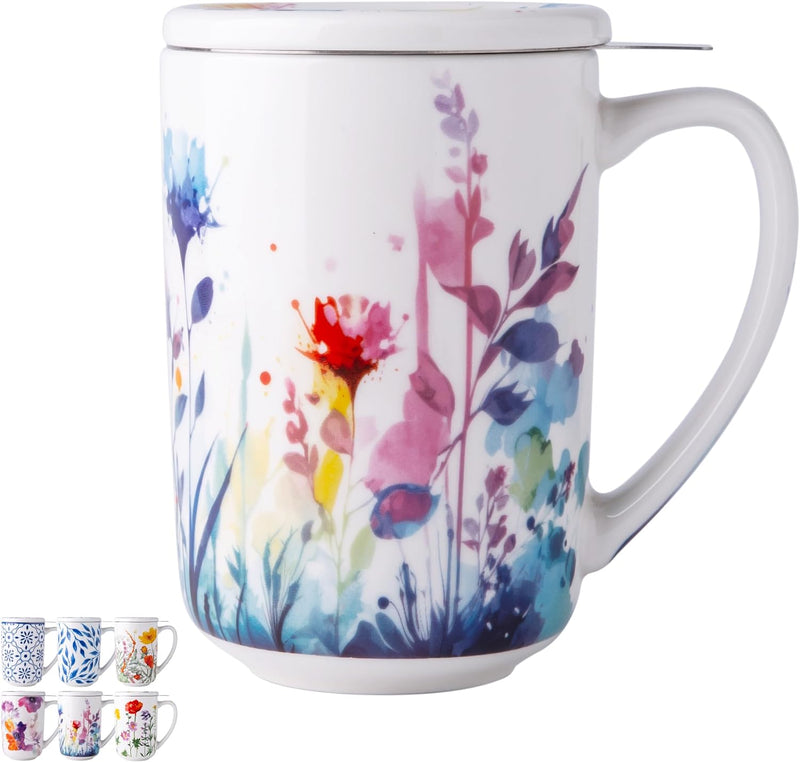 AmorArc Porcelain Tea Mug with Infuser and Lids, 18 Oz Tea Cup Strainer with Tea Bag Holder for Loose Leaf Tea, Tea Steeping Coffee Mug for House-warming Wedding Birthday Gift