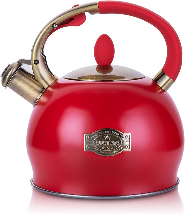 SUSTEAS Stove Top Whistling Tea Kettle-Surgical Stainless Steel Teakettle Teapot with Cool Touch Ergonomic Handle,1 Free Silicone Pinch Mitt Included,2.64 Quart(RED)