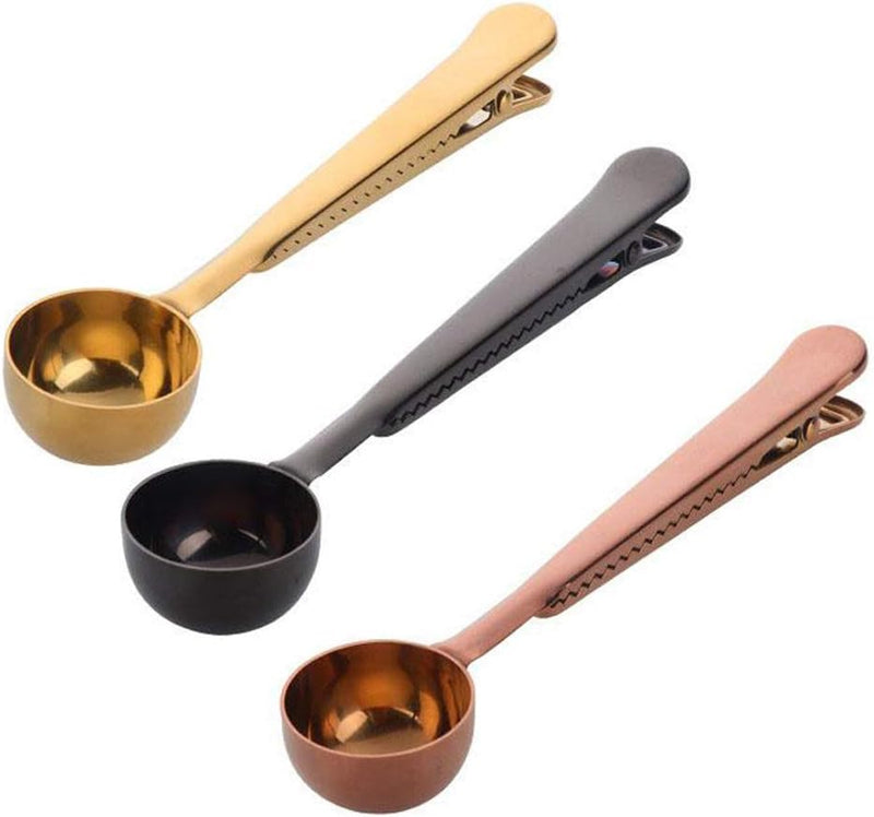 Coffee Scoop with Clip,2 in 1 Stainless Steel 1 tbsp Ground Measuring Spoon with Bag Clip for Coffee Tea (3, Black+Gold+Rose Gold)