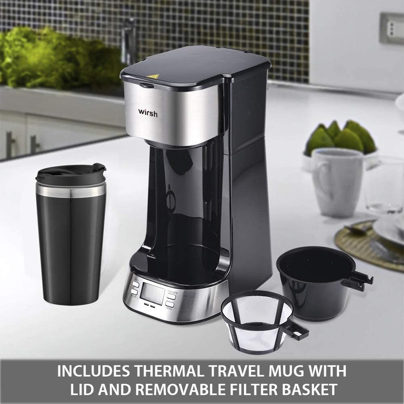 wirsh Single Serve Coffee Maker- Small Coffee Maker with Programmable Timer and LCD display, Single Cup Coffee Maker with 14 oz.Travel Mug and Reusable Coffee Filter,NON-POD Coffee Maker,Black