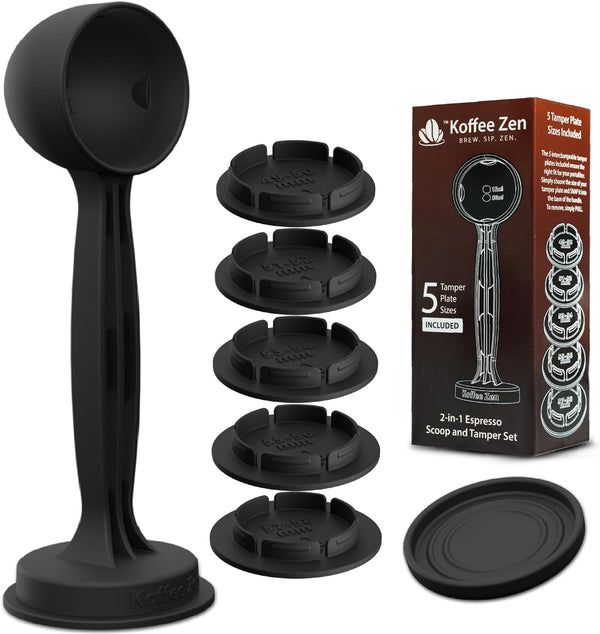 Koffee Zen Espresso Scoop with Tamper, 5 Espresso Tamper Plate Sizes Included (49mm - 58mm), Long Handle Coffee Scoop Measuring Spoon (1 & 2 tablespoon), Complete Coffee Tamper Set for Ground Coffee