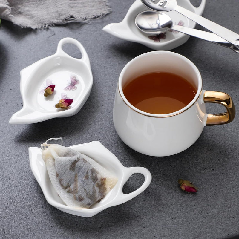 Tea Bag Coaster Set of 6 White Ceramic Tea Bag Holder for Used Tea Bag and Stainless Steel Tea Bag Squeezer (style1)