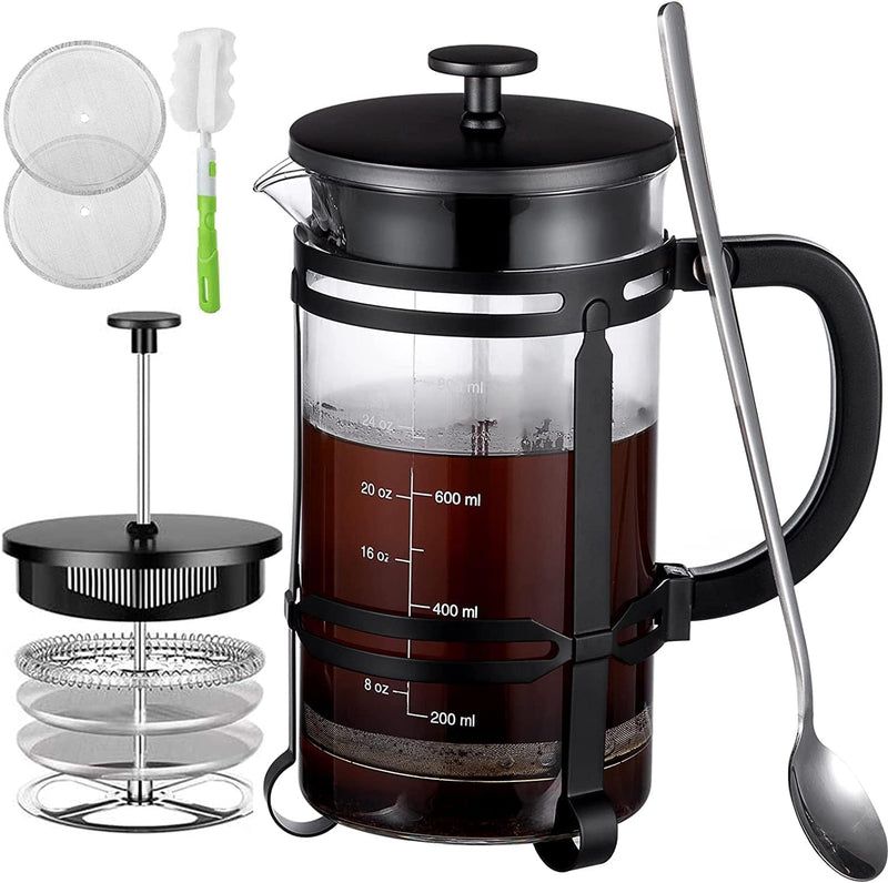 French Press Coffee Maker (34 oz) with 4 Filters - 304 Durable Stainless Steel,Heat Resistant Borosilicate Glass Coffee Press,BPA Free,Silver（include 1 cleaning brush,1spoon and 2 spare filter screen）