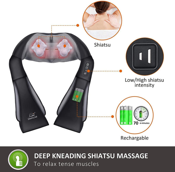 Snailax Cordless Massager - Shiatsu Neck and Shoulder Massager with Heat, Portable, Lumbar, Foot Electric Massage Pillow