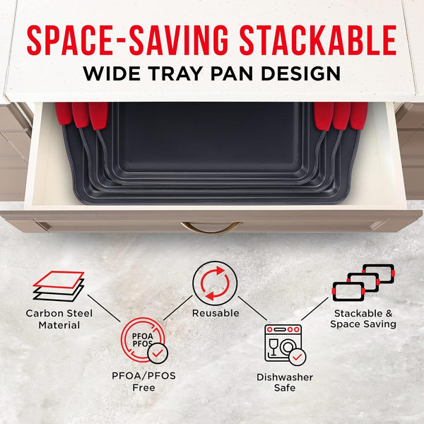 Baking Pan Set – 3 Piece Cookie Sheet – Deluxe Black Non-Stick Carbon Steel – Silicone Handles – Commercial Grade Restaurant Quality – PFOA PFOS and PTFE Free by Bakken