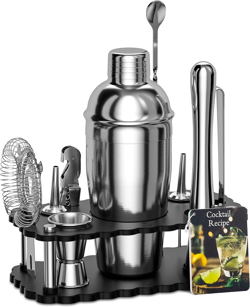 Bokhot Bartender Kit, 14 Piece Cocktail Shaker Set Stainless Steel Bar Tools with Rotating Stand, 25 oz Shaker Tins, Jigger, Spoon, Pourers, Muddler, Strainer, Tongs, Bottle Stoppers, Opener, Recipes