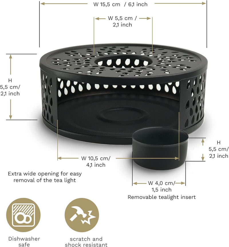 Creano Black Stainless Steel Tea Warmer with Tea Light Holder - Tea Cosy - Stable Not Rattling - Rechaud Suitable for All Teapots