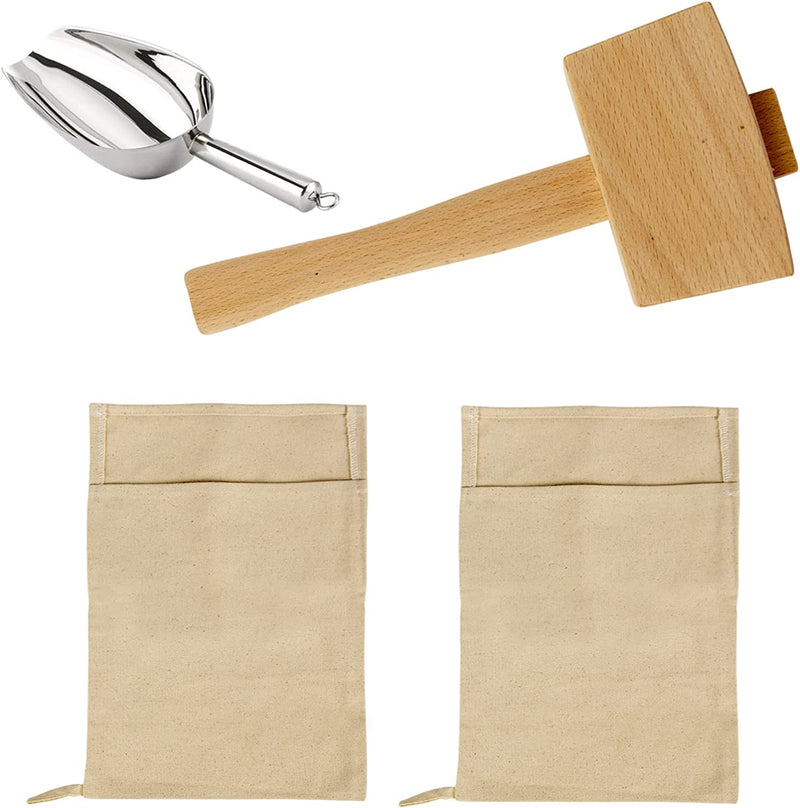 Professional Lewis Bags and Ice Mallet Set - Reusable Canvas Crushed Ice Crushing Bags with Wooden Mallet for Bartender Kit & Bar Tools Kitchen Accessory