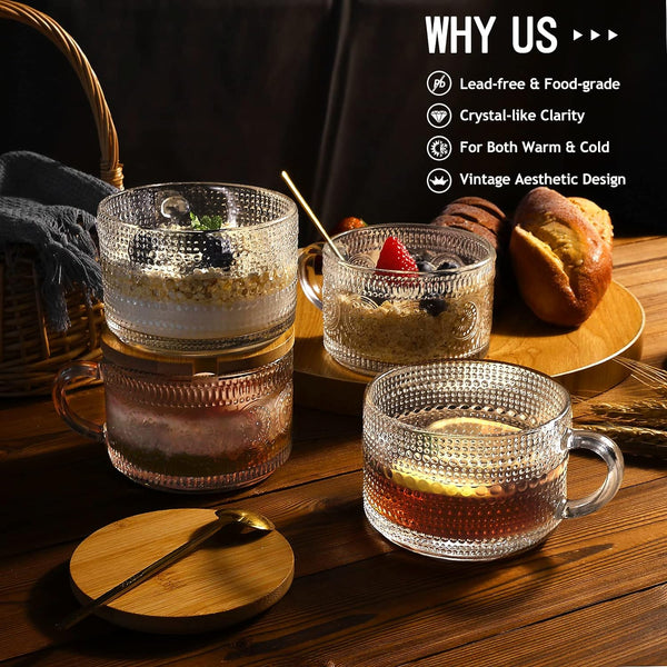 4 Pcs Vintage Glass Coffee Mugs, Overnight Oats Containers with Lids and Spoons, 14oz Clear Glass Tea Cups, Cute Coffee Bar Accessories, Iced Coffee Glasses, Ideal for Cappuccino, Tea, Latte, Oats