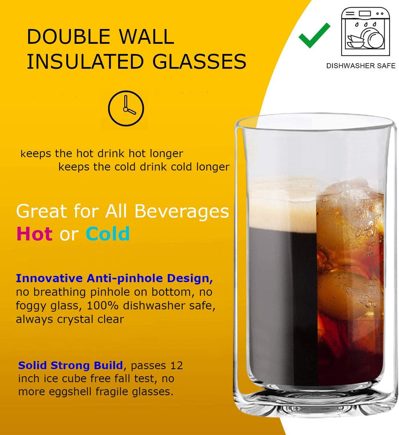 Sun's Tea Double Wall Insulated Glass Tumbler, 16oz (450ml) Highball Glass Cups for Beer, Lemonade, Iced Tea, Tropical Drink, Cocktail, Smoothie, Mojito and Mixed Drinks, Set of 2 - Collins Style