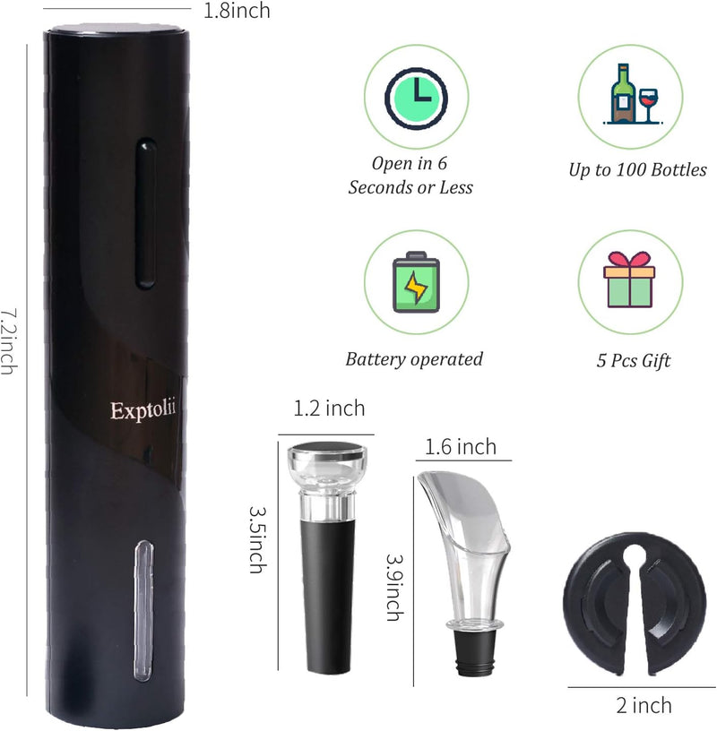 Exptolii Electric Wine Opener, Automatic Bottle Corkscrew with Foil Cutter, Vacuum Stopper and Wine Aerator Pourer