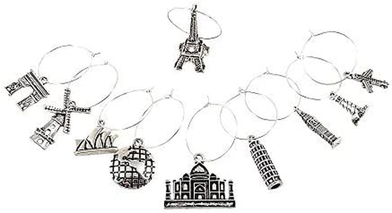 Palm City Products 10 Piece World Travel Themed Wine Charm Set - Traveler Stemmed Wine Glass Charms