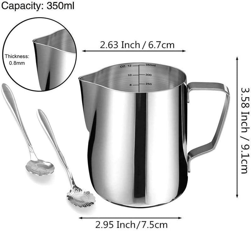 SIKEMAY Milk Frothing Pitcher Jug - 12oz/350ML Stainless Steel Coffee Tools Cup - Suitable for Espresso, Latte Art and Frothing Milk, Attached Dessert Coffee Spoons