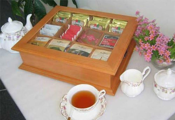 DisplayGifts Large Tea Bag Chest Cabinet/Tea Bag Spices Storage Box Glass Top Solid Solid Wood Oak Finish