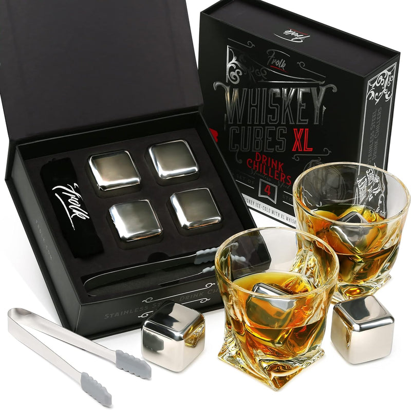 Gifts for Men Dad Husband Christmas- 4 XL Stainless Steel Whisky Ice Balls, Special Tongs & Freezer Pouch in Luxury Gift Box for Whiskey Lovers!