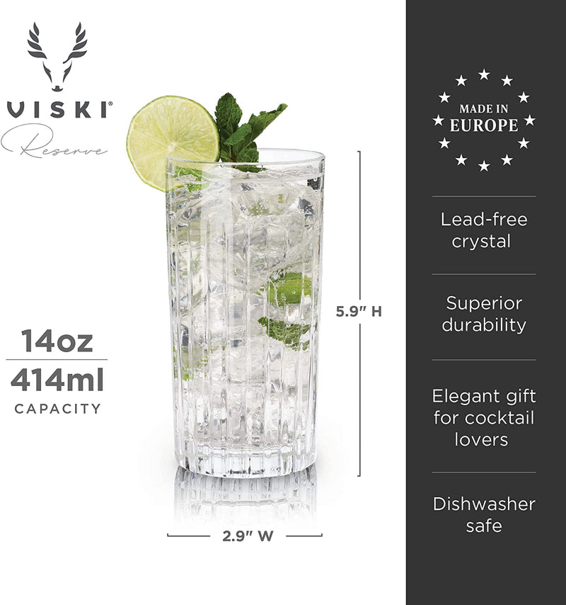 Viski Crystal Highball Glasses - European Crafted Collins Glasses Set of 4-14oz Cocktail Glass for Wedding or Anniversary and Special Occasions Gift Ideas