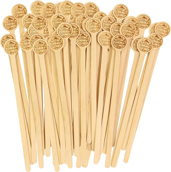 100pcs Coffee Stirrers Stir Sticks 7 Inch Wooden Coffee Stir Sticks with Merry Christmas Round Handle Disposable Biodegradable Coffee Stirrers Wood for Stirring Coffee Cocktails Milk Honey