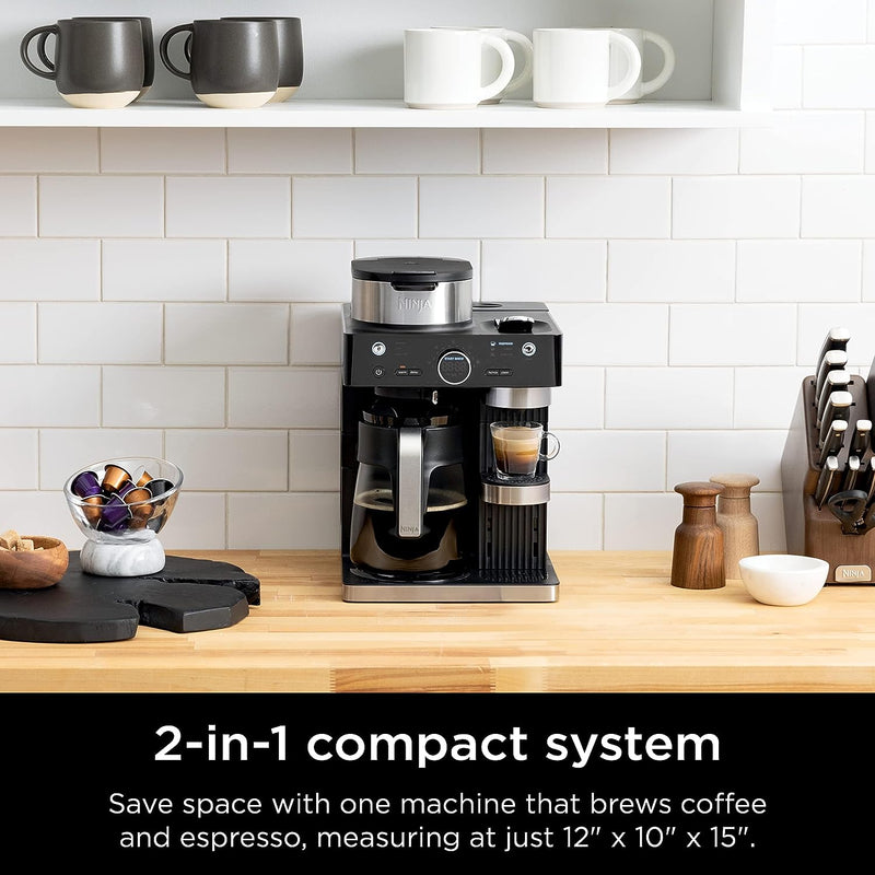 Ninja CFN601 Espresso & Coffee Barista System, 3 Espresso Brew Styles, Single-Serve Coffee & Nespresso Capsule Compatible, 12-Cup Carafe, Built-in Frother, Espresso, Cappuccino & Latte Maker - Black