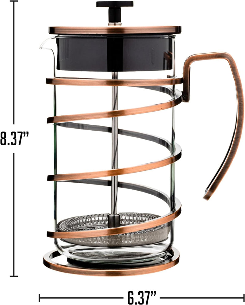 OVENTE 34 Ounce French Press Coffee & Tea Maker, 4 Filter Stainless Steel Filter Plunger System & Durable Borosilicate Heat Resistant Glass, Perfect for Hot & Cold Brew, Spiral Copper FSW34C