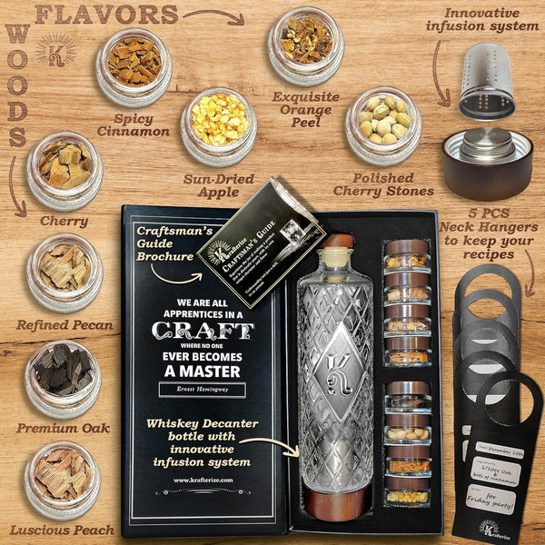 DIY Whiskey Gifts for Men - Whiskey Infusion Kit & Whiskey Decanter Set with Botanicals & Wood Chips - Bourbon Decanter & Bourbon Gifts for Men Who Have Everything by Krafterize