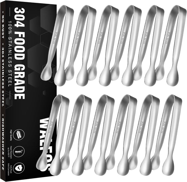 Walfos Mini Tongs for Serving Food, Small Tongs Stainless Steel Kitchen Tiny Tongs for Appetizers, Sugar，Desserts，Tea Party, Coffee Bar, Set of 12 （Silver）