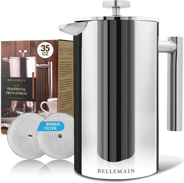 Bellemain French Press Coffee Maker Extra Filters Included, 35 oz, Stainless Steel
