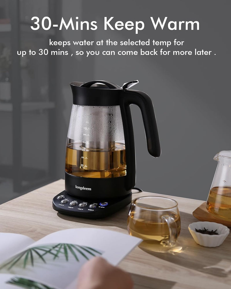 Electric Glass Tea Kettle with Infuser, 1.7L Fast Boiling, Stainless Steel, Temperature Control Tea Maker, BPA Free - Easy Lid Removal & Keep Warm Feature, Black