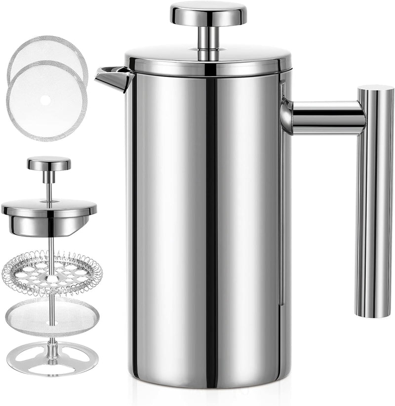 Meelio Small French Press Coffee Maker, Double-Wall Insulated French Press Coffee Press Stainless Steel, Included 2 Extra Fliters and 1 Coffee Spoon (350ML, 12 OZ)