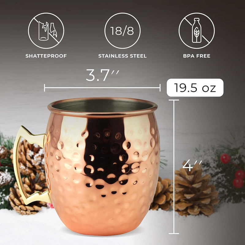 PG Moscow Mule Mugs | Large Size 19 ounces | Set of 4 Hammered Cups | Stainless Steel Lining | Pure Copper Plating | Gold Brass Handles | 3.7 inches Diameter x 4 inches Tall