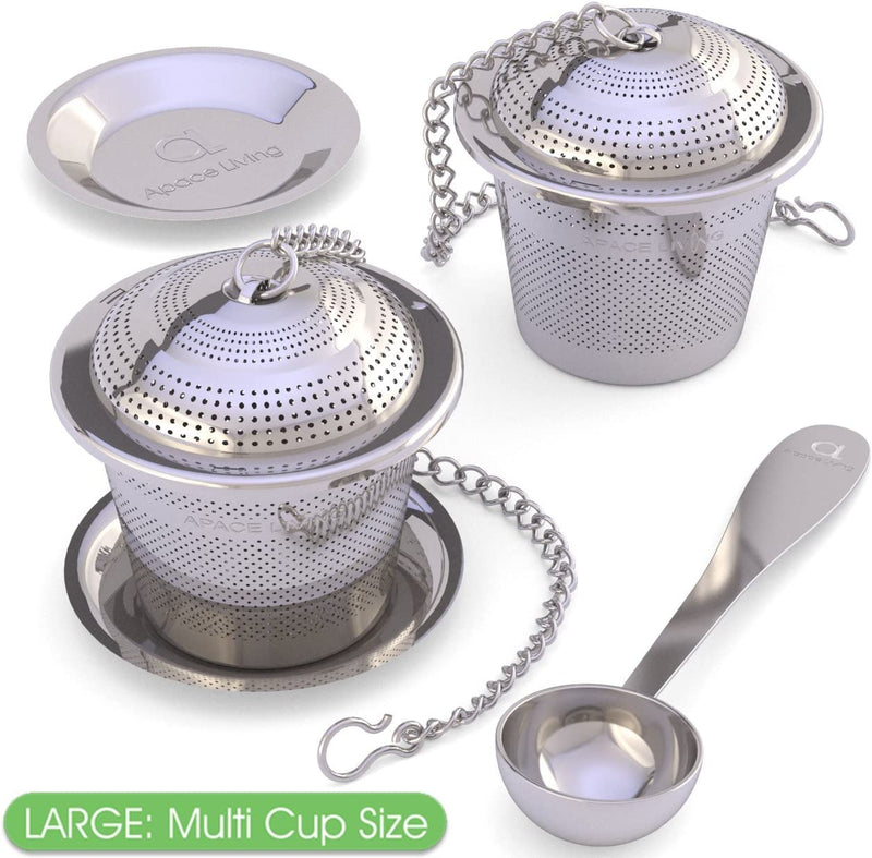 Loose Leaf Tea Infuser (Set of 2) with Tea Scoop and Drip Dray by Apace - Ultra Fine Stainless Steel Strainer & Steeper for a Superior Brewing Experience