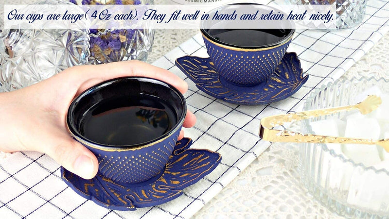 KIYOSHI Luxury 7PC Japanese Tea Set."Midnight Blue Koi" Cast Iron Tea Pot with 2 Tea Cups, 2 Saucers, Loose Leaf Tea Infuser and Teapot Trivet. Ceremonial Matcha Accessories