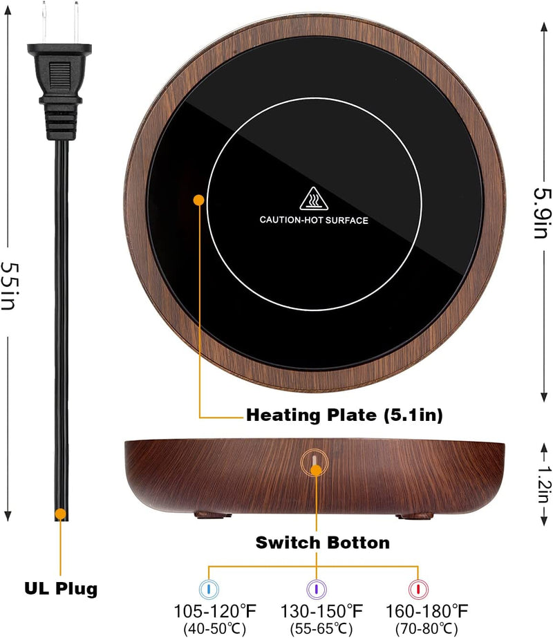 Mug Warmer, KRGMNHR Coffee Warmer for Desk Auto Shut Off, 3-Temperature Settings, Wax Melt Warmer Heating Plate (Up to 180° F), Wood Grain