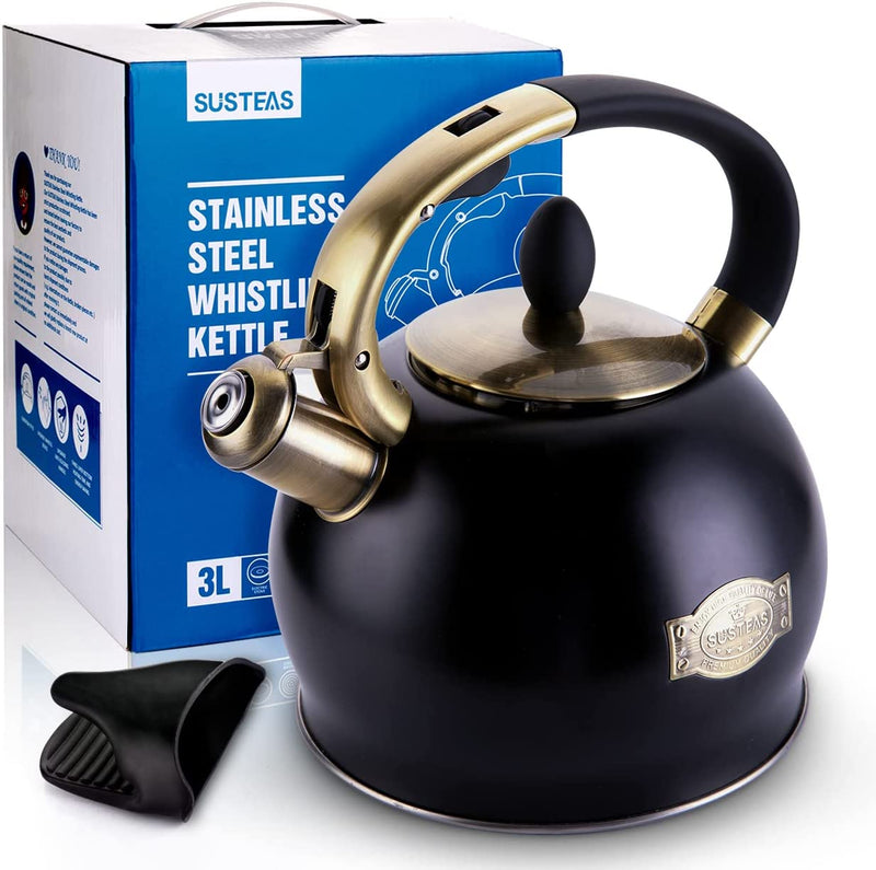 SUSTEAS Stove Top Whistling Tea Kettle-Surgical Stainless Steel Teakettle Teapot with Cool Touch Ergonomic Handle,1 Free Silicone Pinch Mitt Included,2.64 Quart(BLACK)
