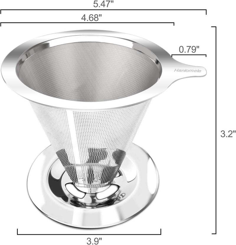 Hanlomele Pour Over Coffee Dripper, Paperless Reusable Coffee Filter, Pour Over Coffee Maker for Single Cup Brew, Double Mesh Design of Stainless Steel Cone Filter for Perfect Extraction (1-2 Cup)