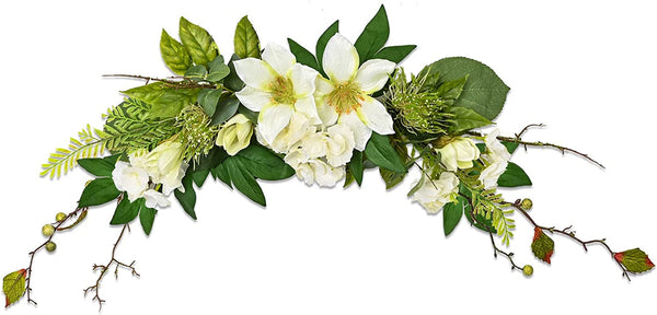 Artificial Floral Swag, Flower Swag, Hydrangea Greenery Swags, White Wedding Arch Flower, Welcome Sign Flowers, Decorative Door Swag, Spring Swag, Room Wall Swag with Bushlily(32 Inch, White/Cream)