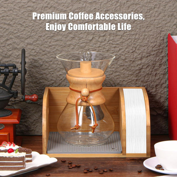 Bamboo Caddy and Lid for Pour Over Coffee Makers, with Heatproof Mat, Bamboo Caddy for Chemex, Bodum, Cosori Carafes, Bamboo Coffee Organizer Stand for Holding Coffee Maker and Coffee Paper Filters