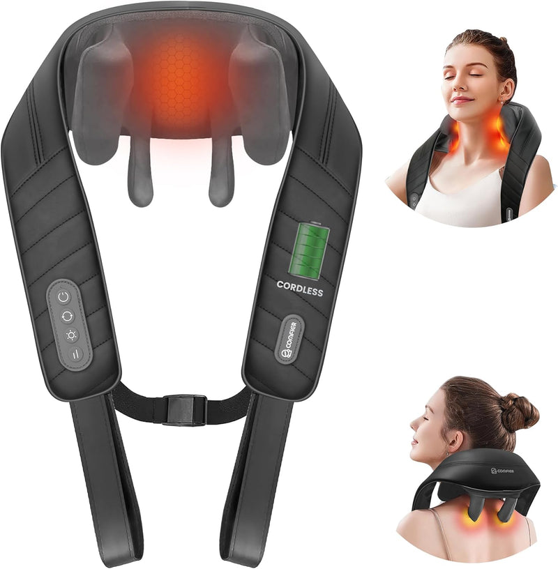 COMFIER Shiatsu Neck and Shoulder Massager, 4D Deep Kneading Cordless Neck and Back Massager with Heat, Electric Rechargeable Massage Pillow for Neck Shoulder Back Leg-Home Office and Car use