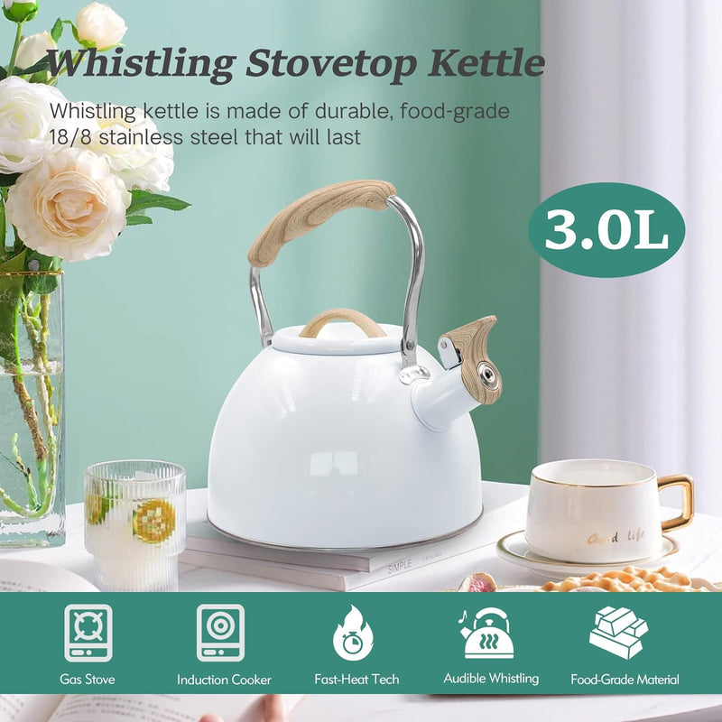 Awvlvwa Whistling Stovetop Tea Kettle, 2.6 Quart/3.0 Liter Stainless Steel, Food Grade Tea Pot for Stove Top, Tea Pot with Anti-Heat Handle, Anti-Rust, Suitable for All Heat Sources (Pure White)