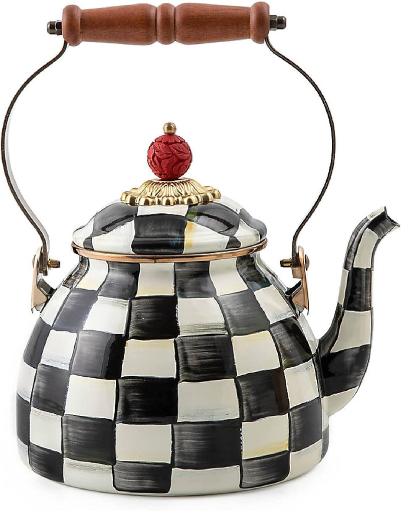 MacKenzie-Childs Sterling Check Enamel Tea Kettle, Decorative Tea Kettle, 2-Quart Capacity