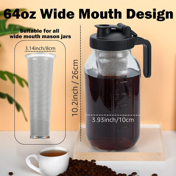 Cold Brew Mason Coffee Maker - 64oz Iced Coffee Pitcher with Stainless Steel Mixing Spoon & Super Dense Filter 3 Steps Finish Cold Brew Coffee, Classic BPA Free Sturdy Mason jar Pitcher with Black Lid Easy to Clean