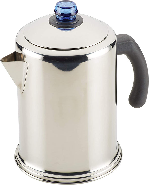 Farberware Classic Stainless Steel Coffee Percolator, 12 Cup, Silver with Glass Blue Knob, 7.28"D x 8.86"W x 10.83"H