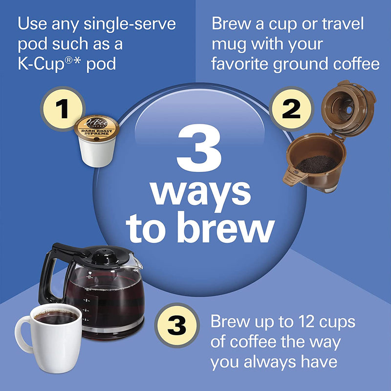 Hamilton Beach 49902 FlexBrew Trio 2-Way Coffee Maker, Compatible with K-Cup Pods or Grounds, Combo, Single Serve & Full 12c Pot, Black - Fast Brewing