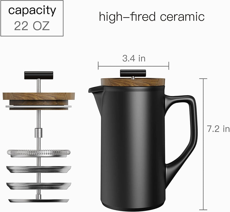 DHPO Ceramic French Press Coffee Maker, 22 Ounce French Press Coffee with Walnut Wood Lid, Premium Triple Filters Food Grade Stainless Steel for Good Coffee and Tea, Black