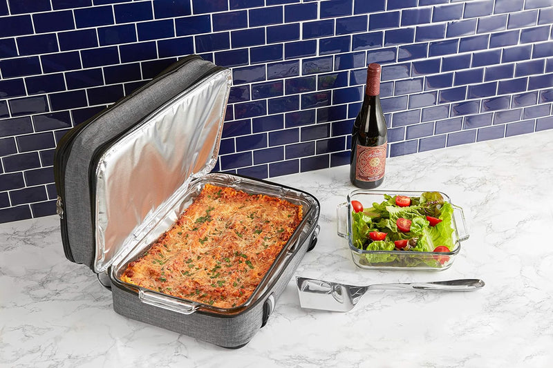 Stack Store Plus More Insulated Casserole Carrier for Hot or Cold Food, Lasagna Holder for Picnic, Potluck, Cookout - Fits 9” x 13” and 11” x 15” Baking Dish – Expandable Double Thermal Bag in Gray