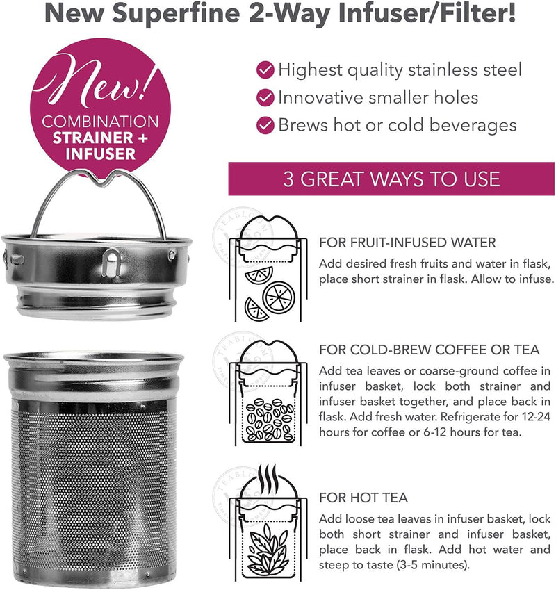 Teabloom All-Purpose Beverage Tumbler – 15 oz / 450 ml Insulated Glass Bottle – Tea, Coffee, Fruit Infused Water – All-Temperature Travel Mug – Stainless Steel Infuser Basket
