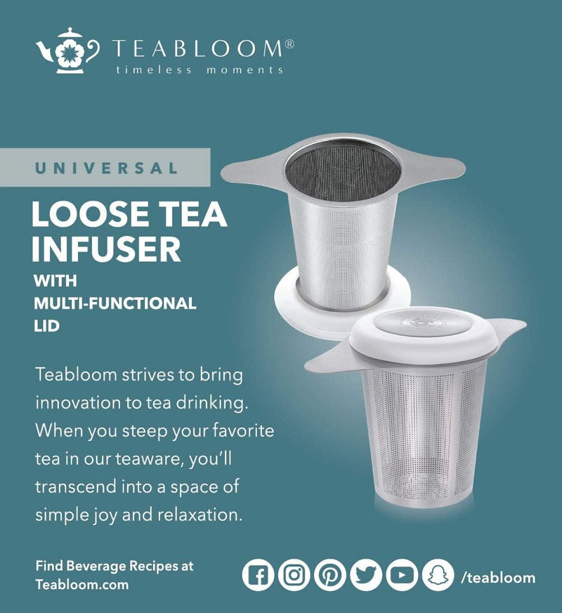 Teabloom Universal Loose Tea Filter with Multi-functional Lid – Fits Mugs, Cups, and Teapots – Food Grade 304 Stainless Steel Tea Infuser – Tea Connoisseur's Choice