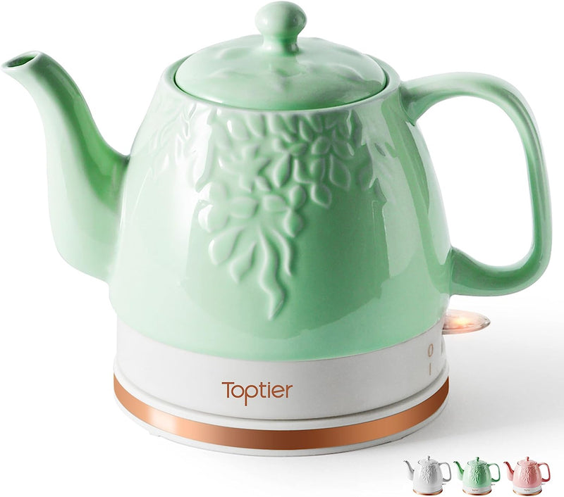 Toptier Electric Ceramic Tea Kettle, Boil Water Quickly and Easily, Detachable Swivel Base & Boil Dry Protection, Carefree Auto Shut Off, 1 L, White Leaf