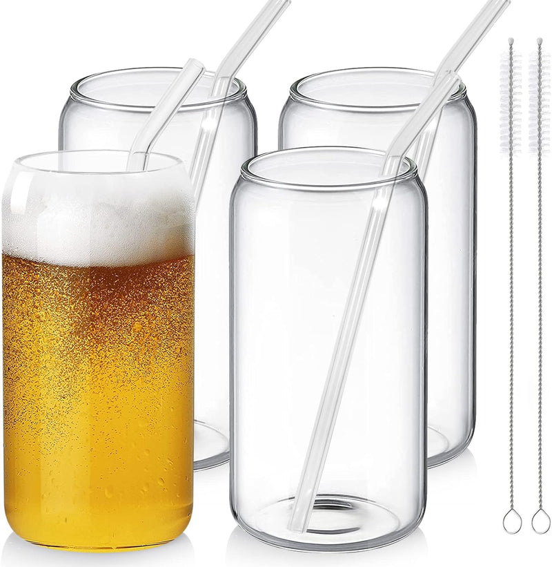 BOLLFO Drinking Glasses with Straws and Lids, 16 oz Cute Iced Coffee Cup Tumblers, Cold Drink Glassware, Unique Water, Tea, Cocktail Glass Set, Great Gift